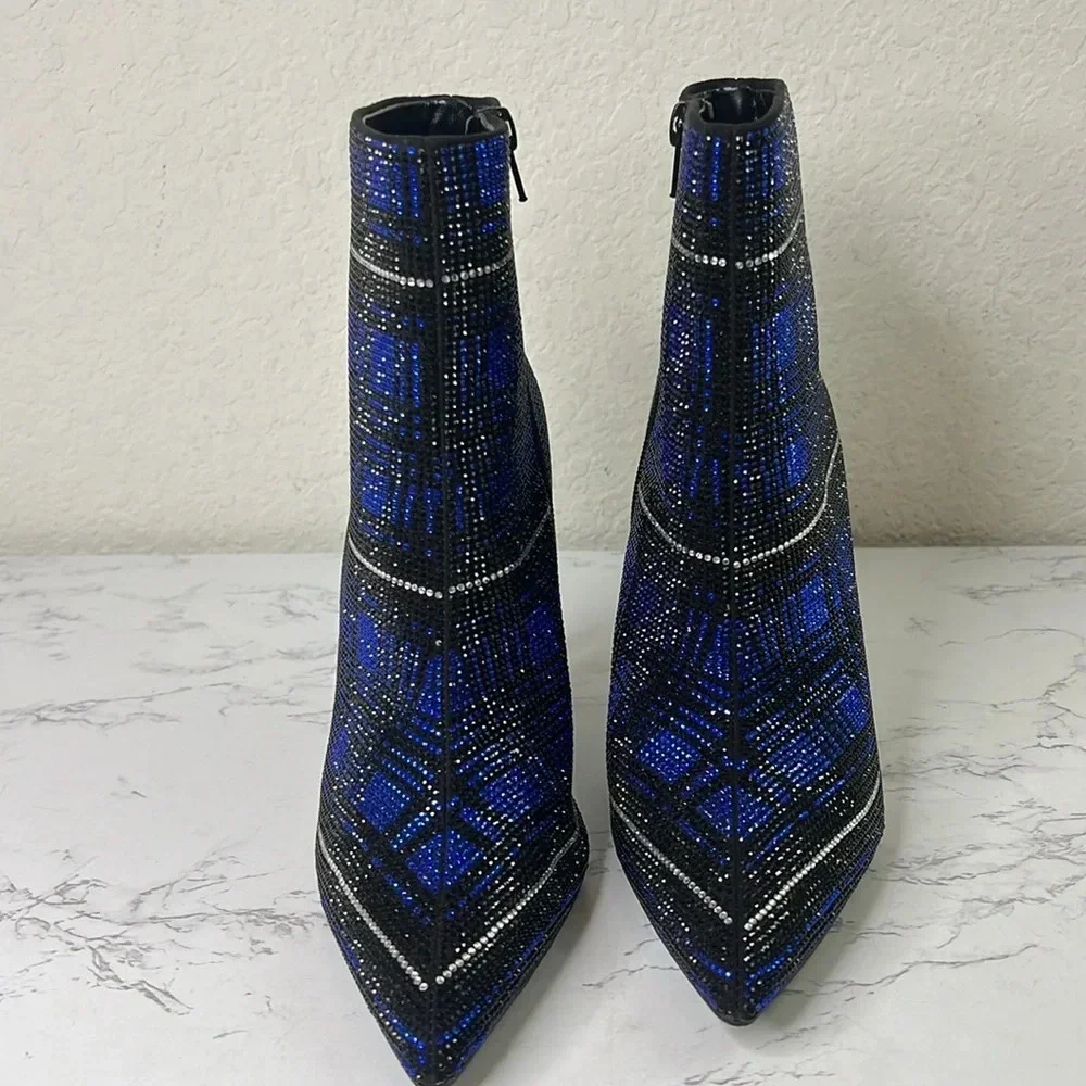 INC-  Blue Plaid Rhinestone Reisa Pointed Toe Stiletto Dress Booties - Picture 4 of 11